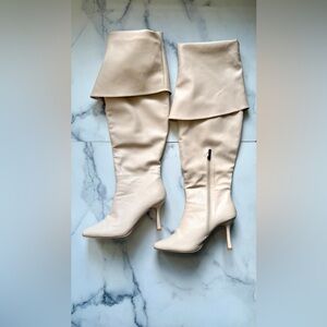 Boohoo Over the Knee Fold Over Boots Beige Wide Fit Size 7